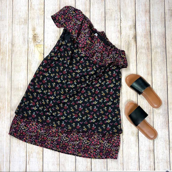 One-Shoulder Black Boho Ruffle Dress Floral Size M - Picture 1 of 7